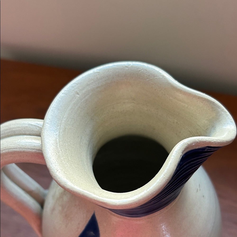 Williamsburg Artisan Ceramic Pitcher with Navy Leaf Design - Picture 2 of 4